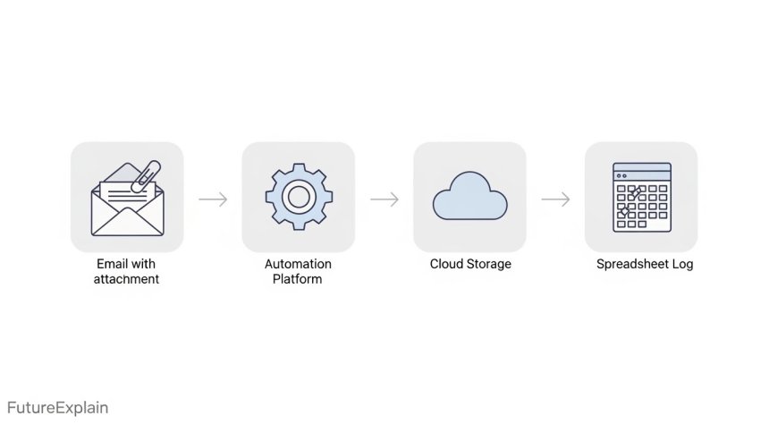 Illustration of an automation flow: email attachment saved to cloud then logged in a spreadsheet, FutureExplain watermark.