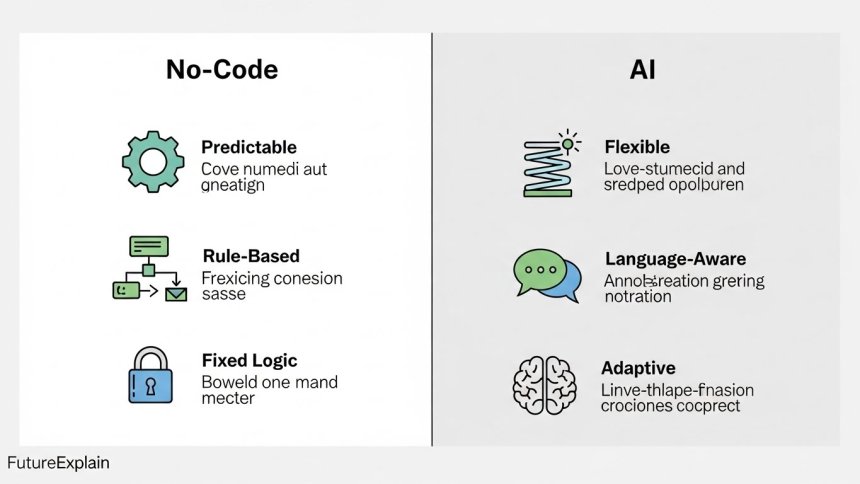 Infographic comparing no-code and AI attributes side-by-side, FutureExplain watermark.