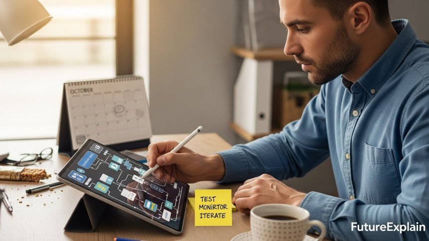 Small business owner using a tablet to build a workflow, sticky note with testing checklist, FutureExplain watermark.