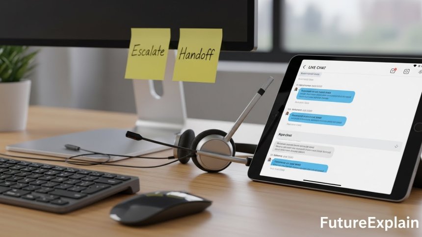 Customer support agent desk with tablet showing live chat transcripts and headset.