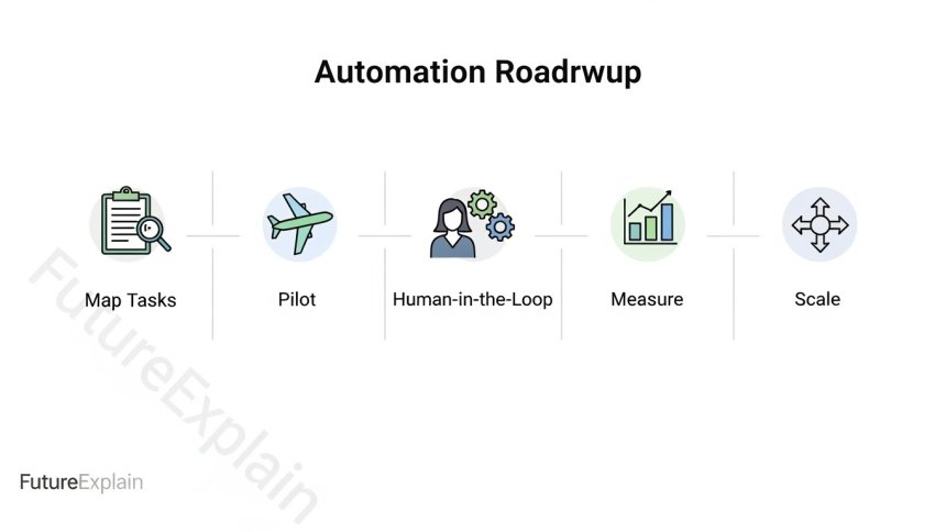 Illustration of a step-by-step automation roadmap showing map, pilot, review, and scale stages.
