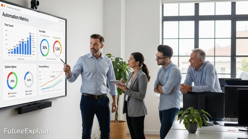 Manager and colleagues reviewing automation dashboard metrics on a laptop and large screen.