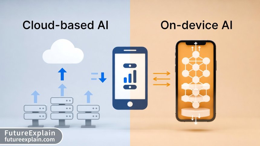 Infographic comparing cloud AI architecture versus on-device AI processing