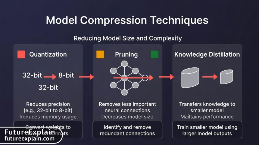 Diagram showing model compression techniques: quantization, pruning, and distillation