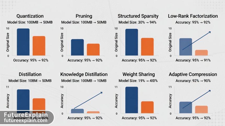 Comparison chart of model optimization techniques showing size and accuracy trade-offs