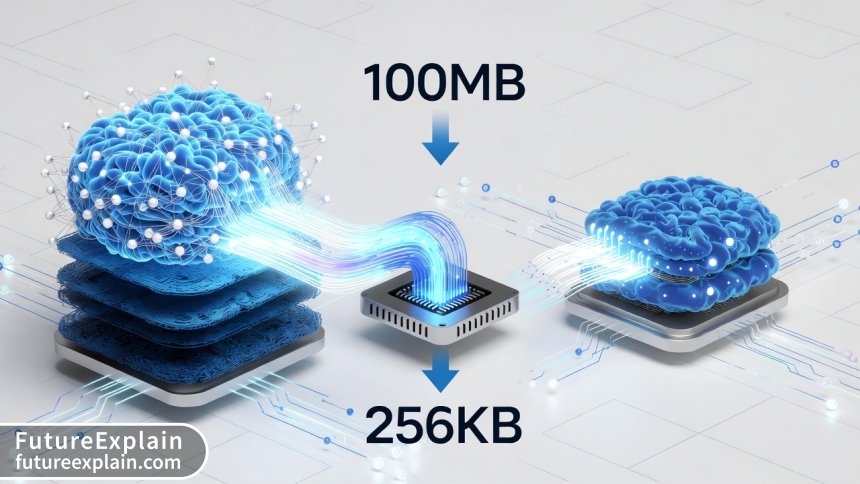 Visualization of AI model compression from large neural network to tiny microcontroller-compatible version
