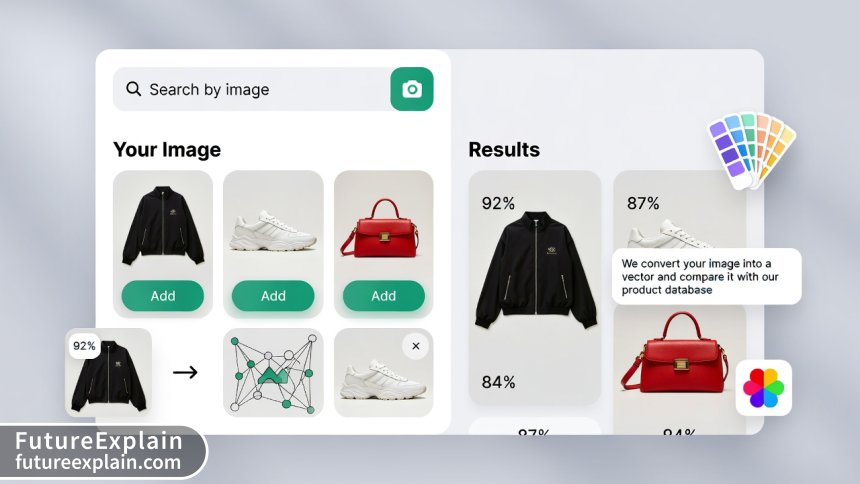 E-commerce semantic search interface showing product similarity matching