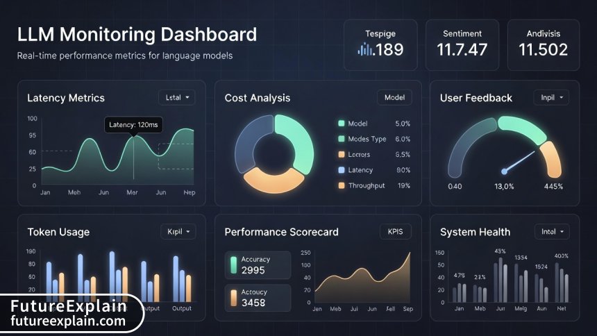Dashboard visualization showing key monitoring metrics for large language models in production
