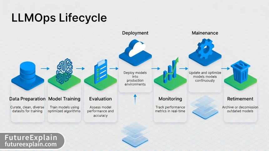 Infographic illustrating the seven stages of LLMOps lifecycle from data preparation to model retirement