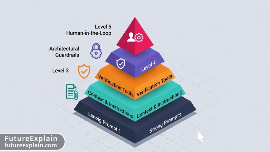 A five-level pyramid diagram outlining the layered strategy for mitigating AI hallucinations, from prompts to human oversight.