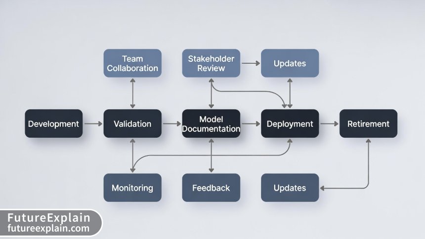 Workflow diagram showing model documentation lifecycle from development to deployment and monitoring