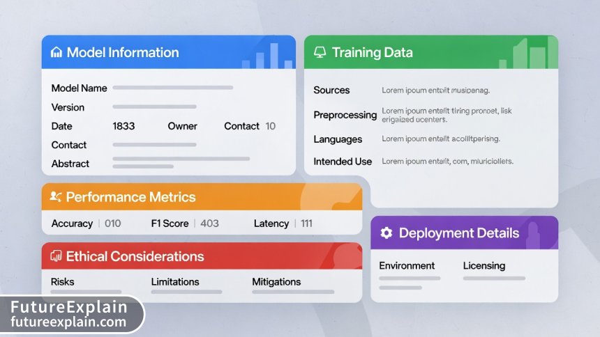 Infographic of complete model card template structure with color-coded sections and descriptions