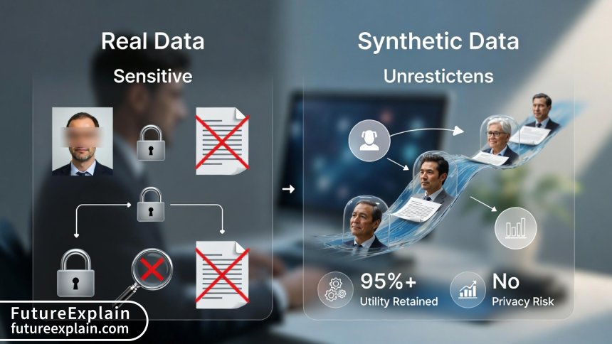 Comparison workflow diagram showing real data limitations versus synthetic data advantages for AI training