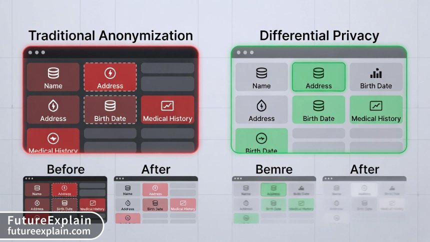 Comparison diagram showing the superior protection of differential privacy versus traditional anonymization methods