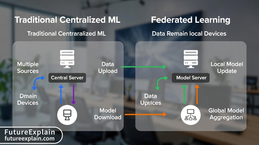 Federated learning training cycle showing the four-step process of distributed model training