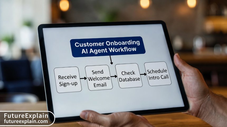 A close-up of a tablet showing a planned workflow for a customer onboarding AI agent, held in a casual business setting.