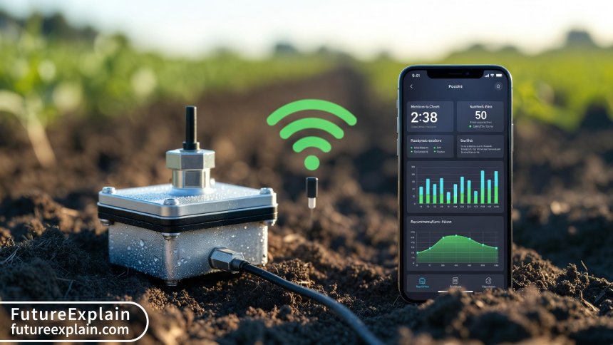 Close-up view of AI soil sensor technology transmitting real-time agricultural data