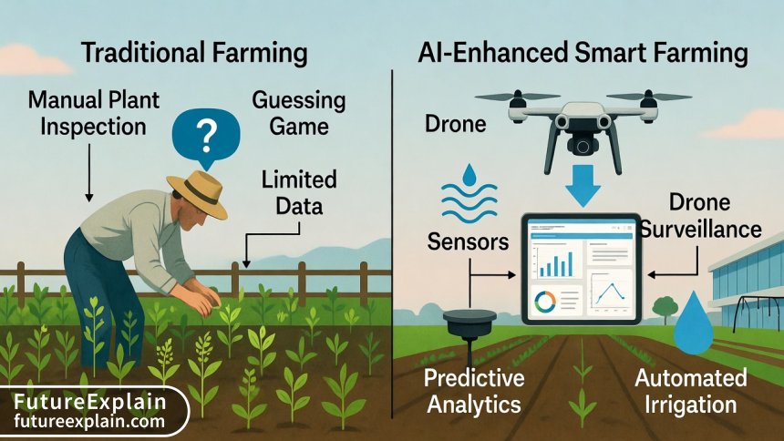 Infographic comparing traditional farming methods with AI-enhanced smart farming technology