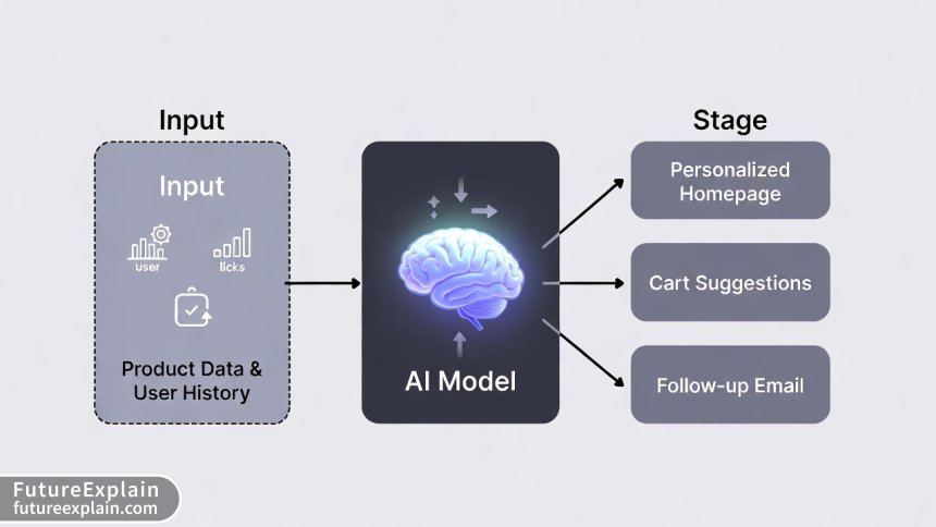 A laptop displays an e-commerce website where AI is visually generating a product image from text and creating personalized product recommendations.