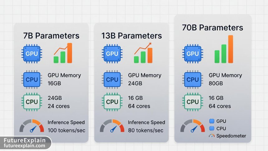 Hardware requirements comparison chart for different parameter-sized language models