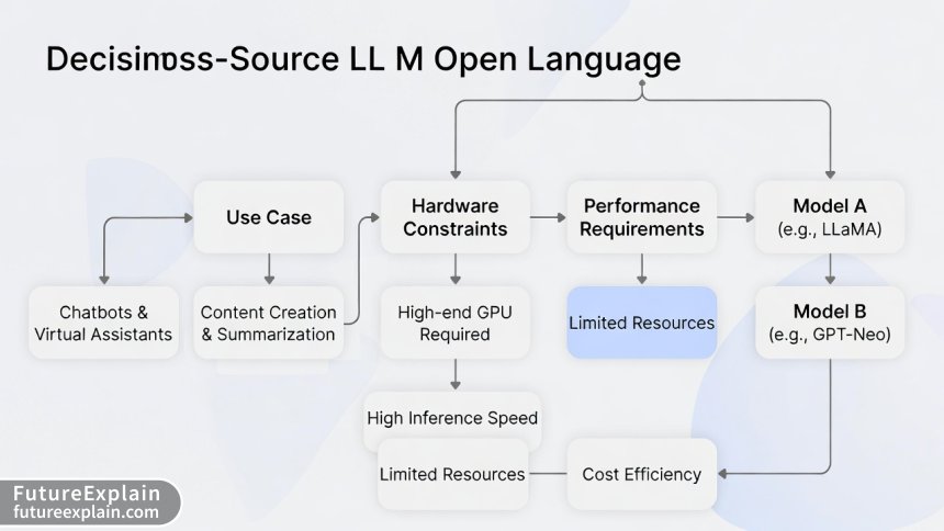 Decision flowchart for selecting open-source LLMs based on use case and requirements
