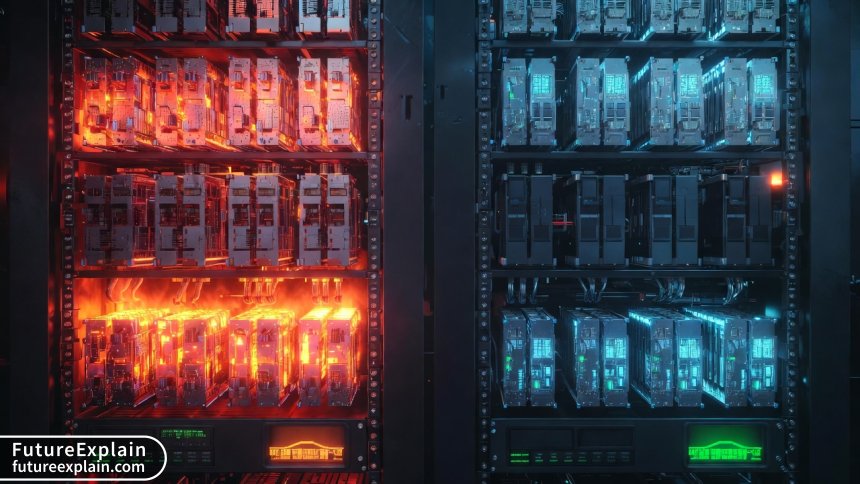 Comparison visualization of server optimization showing reduced GPU usage and energy consumption