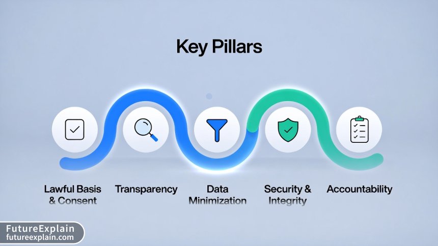 An infographic illustrating the five core pillars of responsible data collection: Consent, Transparency, Minimization, Security, and Accountability.