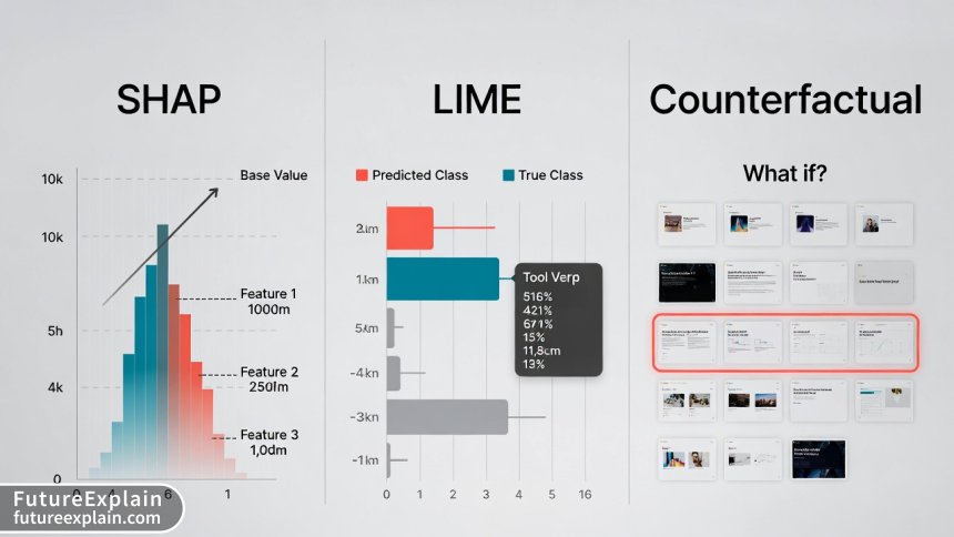 Comparison of three common XAI visualization types: SHAP plots, LIME explanations, and counterfactual examples