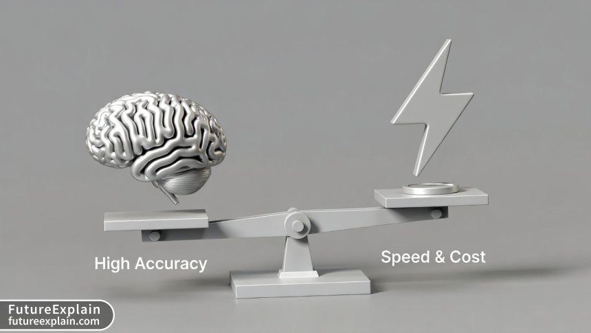 A 3D illustration of a scale balancing model accuracy against speed and cost, representing the core trade-off in model selection.