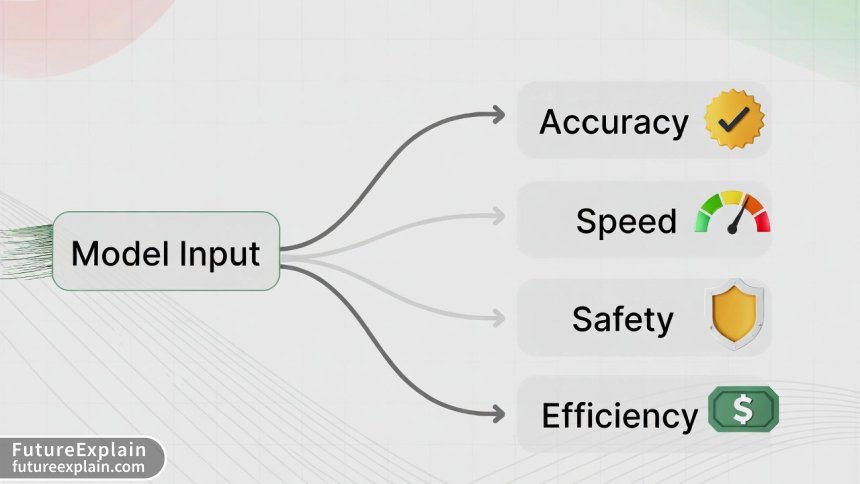 An infographic flowchart showing the four key dimensions of LLM benchmarking: Accuracy, Speed, Safety, and Efficiency.