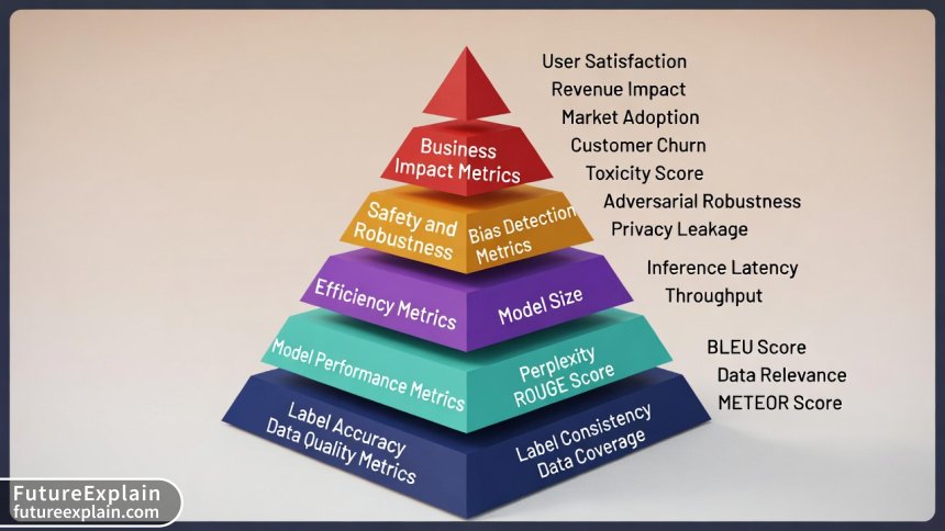 Infographic pyramid showing hierarchy of LLM evaluation metrics from basic to business impact