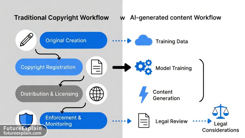 Comparison diagram of traditional vs AI-generated content copyright workflows