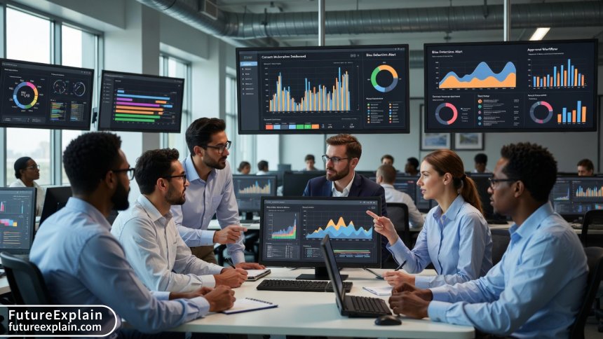 Team reviewing AI-generated content with moderation dashboards and safety tools