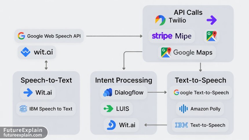 Architecture diagram of voice assistant showing speech-to-text, intent processing, API calls, and text-to-speech components