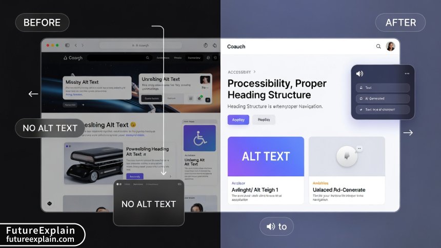 Comparison between inaccessible and AI-enhanced accessible website interfaces showing key improvements