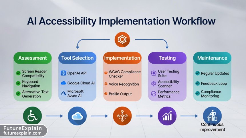 Infographic showing the five-step AI accessibility implementation workflow with tools and metrics for each stage