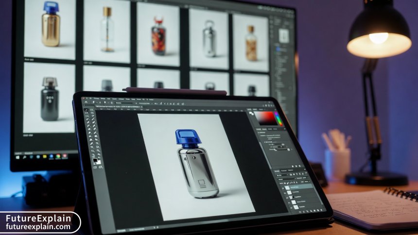 A close-up view of a digital editing workspace, showing the refinement stage where an AI-generated image is being perfected using software like Photoshop.