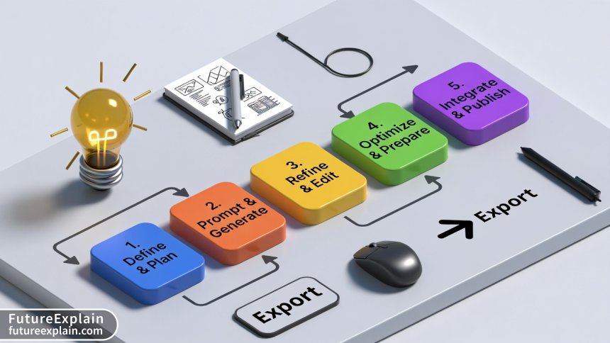 A flowchart diagram illustrating the five-stage AI image generation workflow: Define & Plan, Prompt & Generate, Refine & Edit, Optimize & Prepare, and Integrate & Publish.