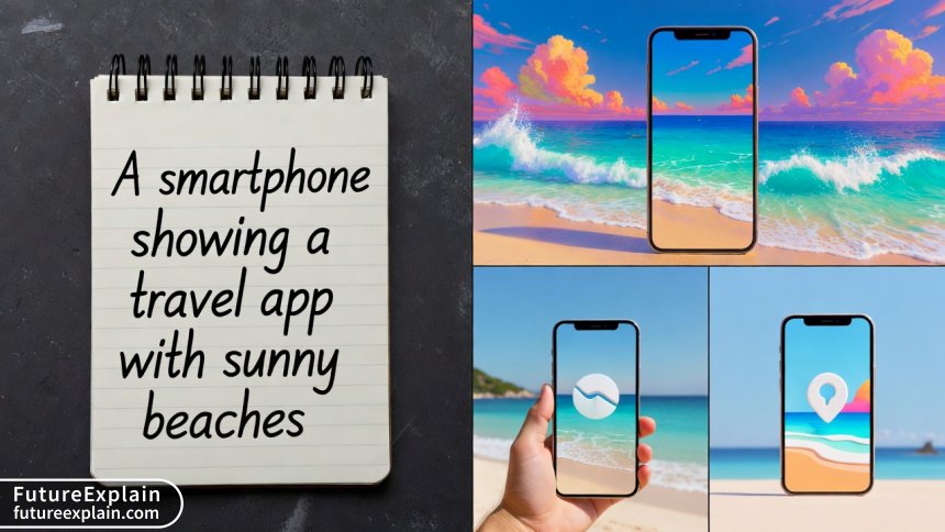 A split-screen comparison between a simple text prompt and three different AI-generated video results.