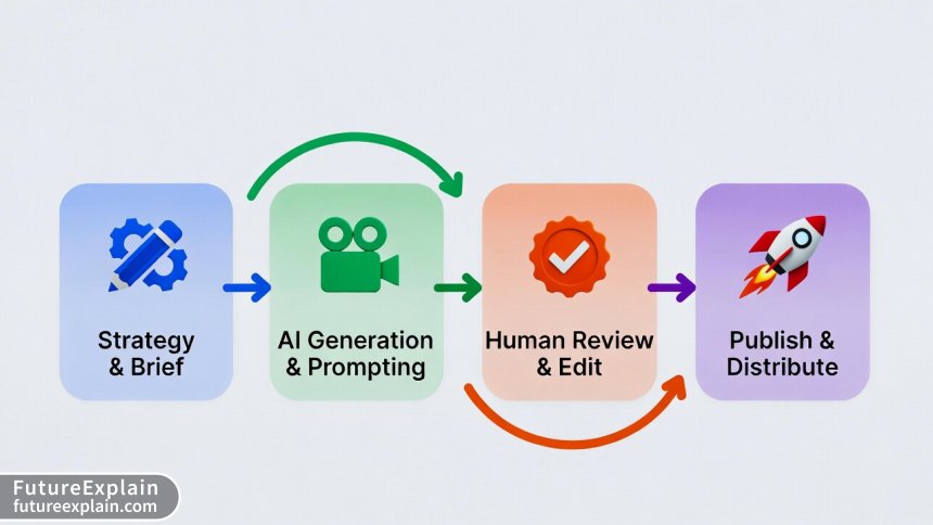 A flowchart diagram illustrating the five-step AI video marketing workflow from strategy to analysis.