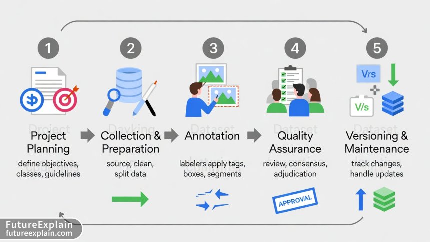 Flowchart diagram of the complete data labeling process with five key stages and quality feedback loops