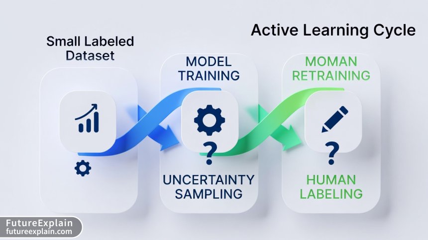 Active learning cycle infographic showing the iterative process of model training and strategic data selection