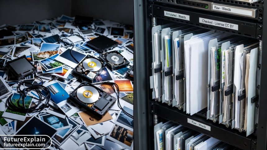 Comparison between disorganized raw data and clean, licensed, ready-to-use training data