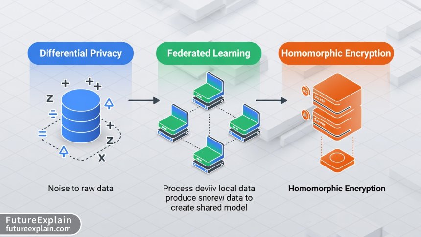 Visual explanation of three main privacy-preserving techniques: differential privacy, federated learning, and homomorphic encryption