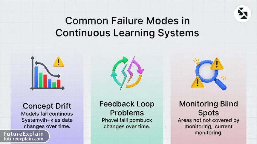 Common failure modes and pitfalls in continuous learning systems including concept drift and feedback loops