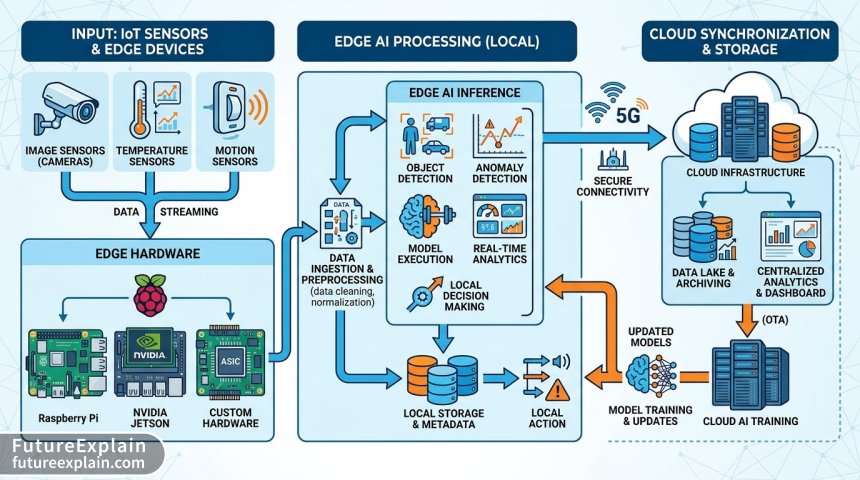 Edge AI system architecture diagram showing sensor-to-edge-to-cloud data flow