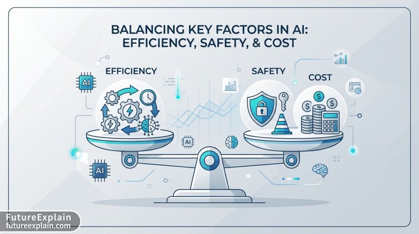 Infographic-style image of a balance scale comparing abstract concepts of efficiency, safety, and cost in AI model features.