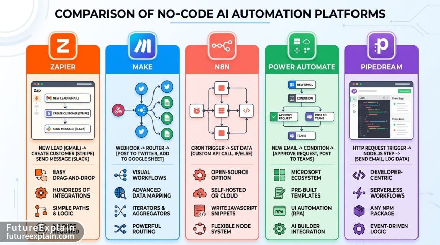 Comparison infographic of five major no-code AI automation platforms with features and pricing