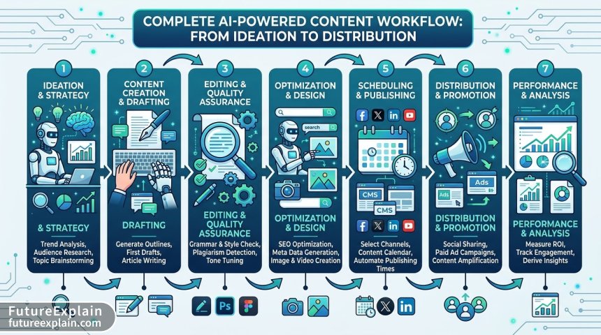 Infographic of complete AI content workflow showing all stages from research to distribution