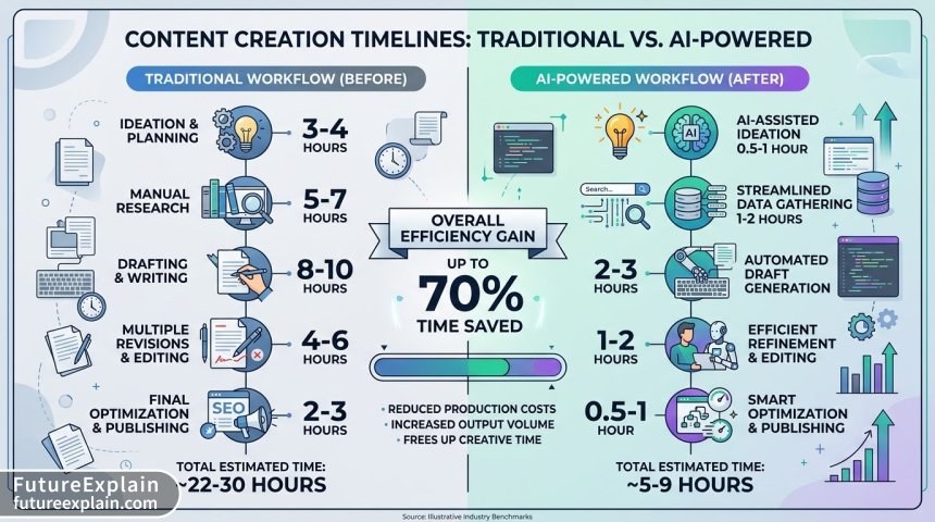 Comparison infographic showing time savings between traditional and AI-powered content creation
